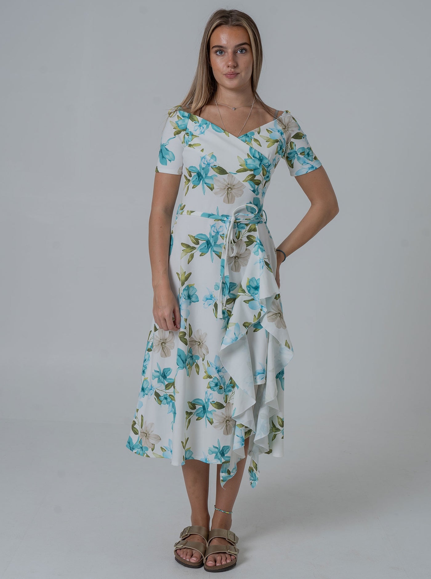 Frill Printed Blue Green Flower Dress