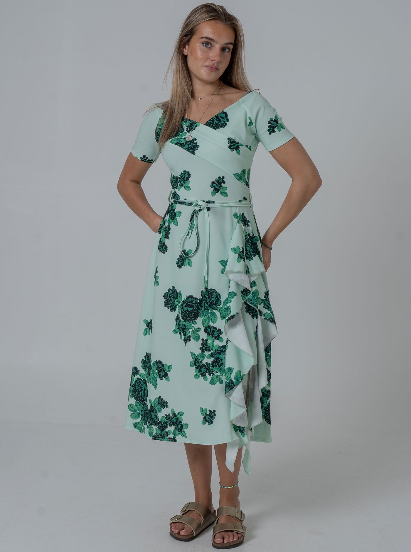 Frill Printed Green Flower Dress