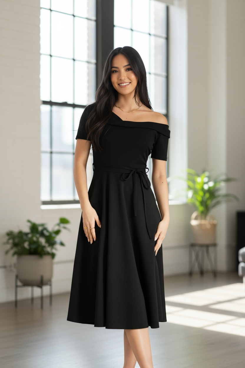Twist Neck Bardot Flared Midi Dress