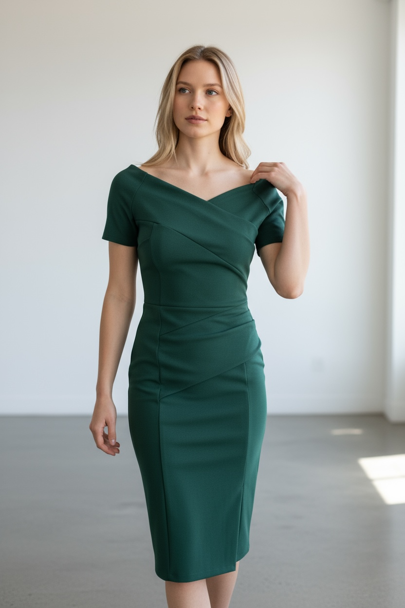 Bardot Off Shoulder Midi Dress Dark Green