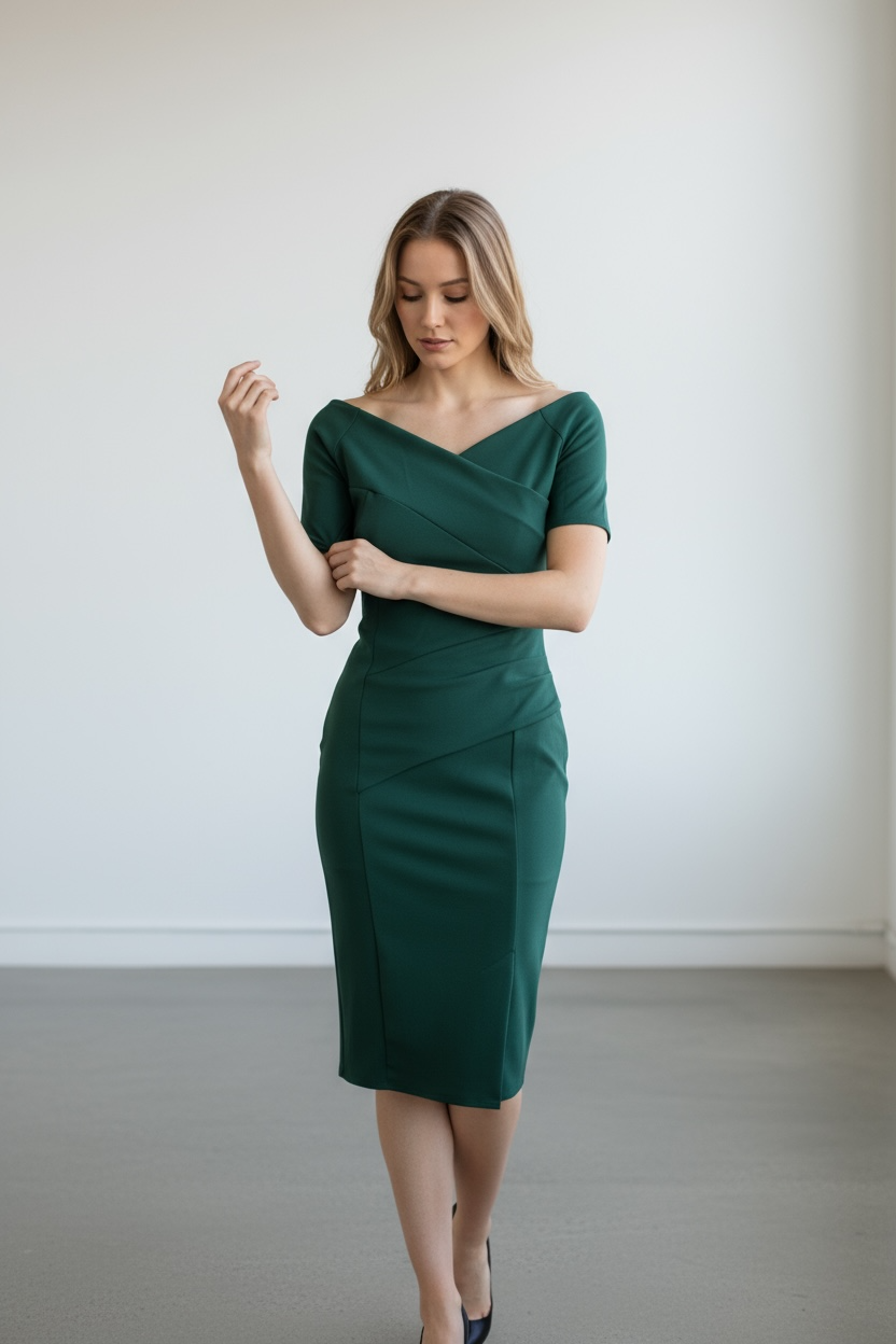 Bardot Off Shoulder Midi Dress Dark Green
