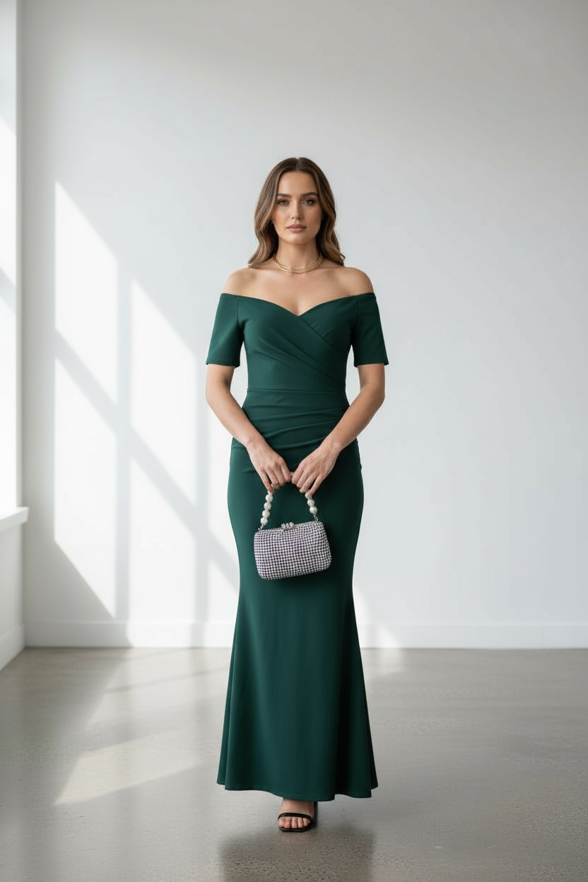 Bardot Off Shoulder Maxi Dress Dark Green