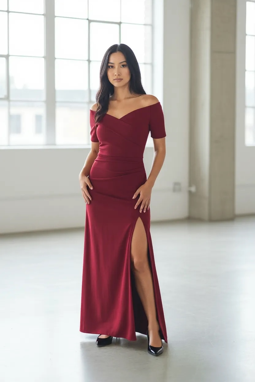 Bardot Maxi Split Leg Dress Burgundy