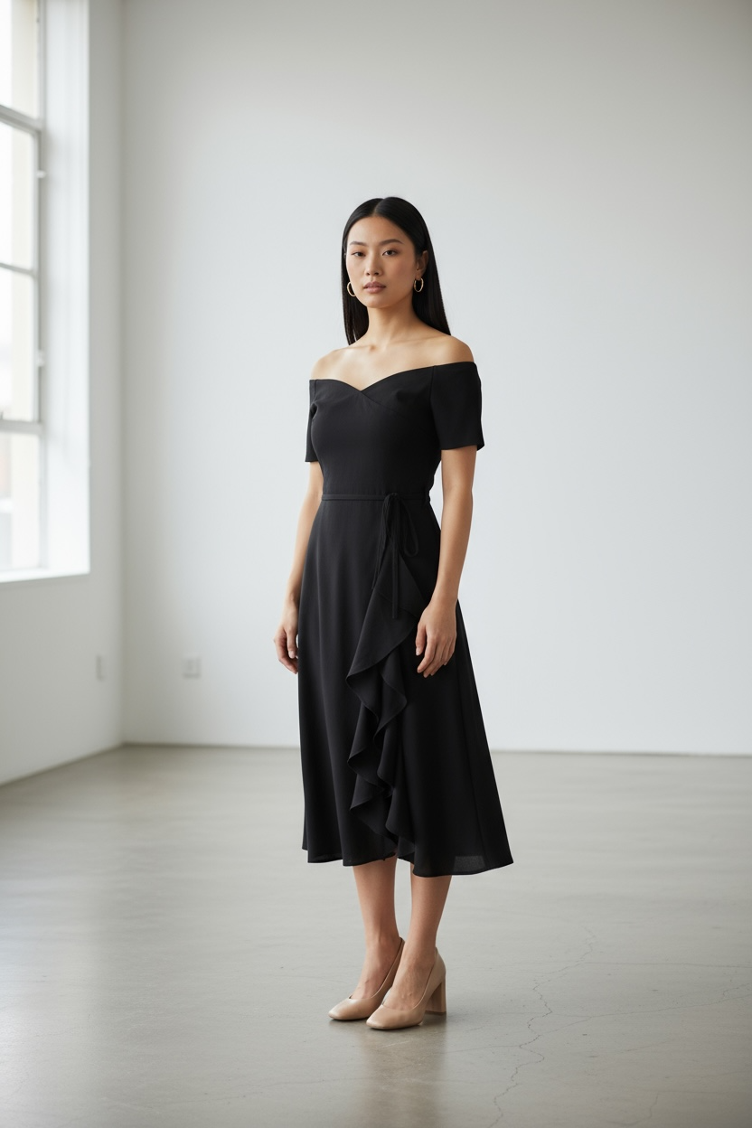 Bardot Frill Midi Dress Black