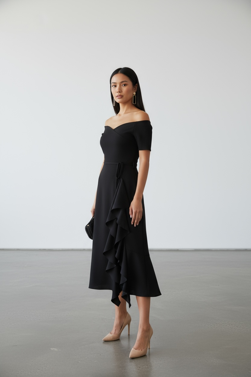 Bardot Frill Midi Dress Black