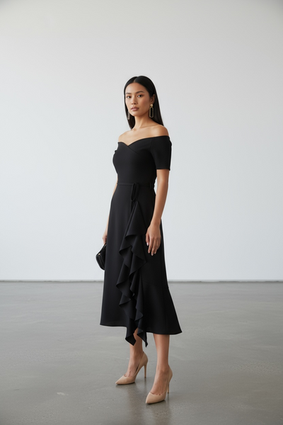 Bardot Frill Midi Dress Black