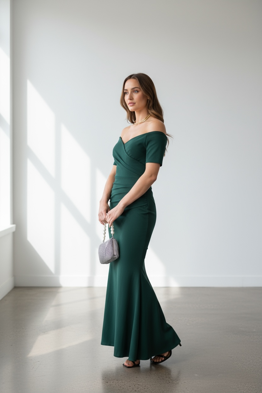 Bardot Off Shoulder Maxi Dress Dark Green