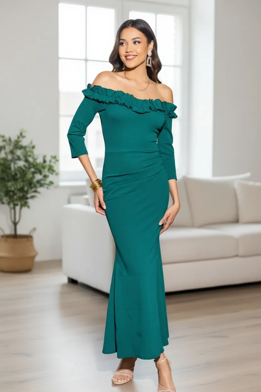 Maxi Bardot Frill Dress Green