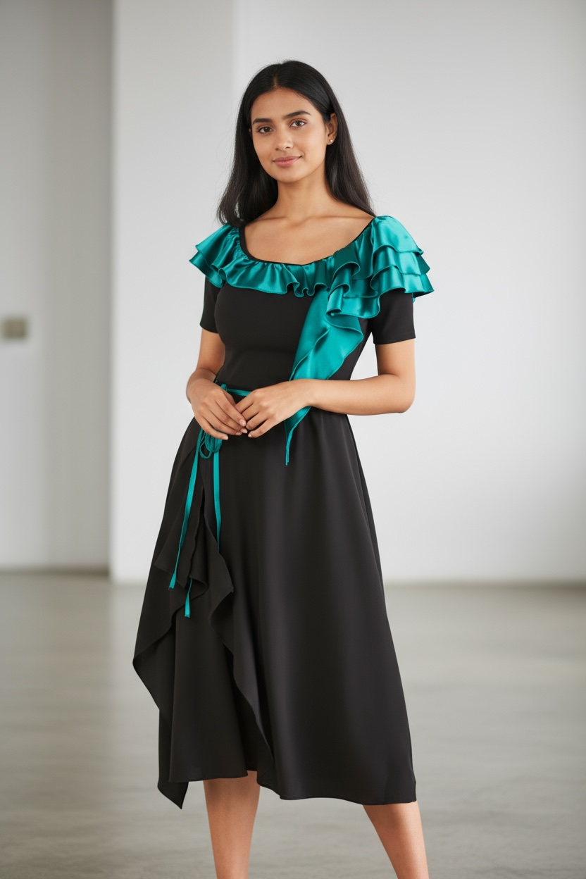 Satin Frill Bardot Flared Midi Dress Green Black