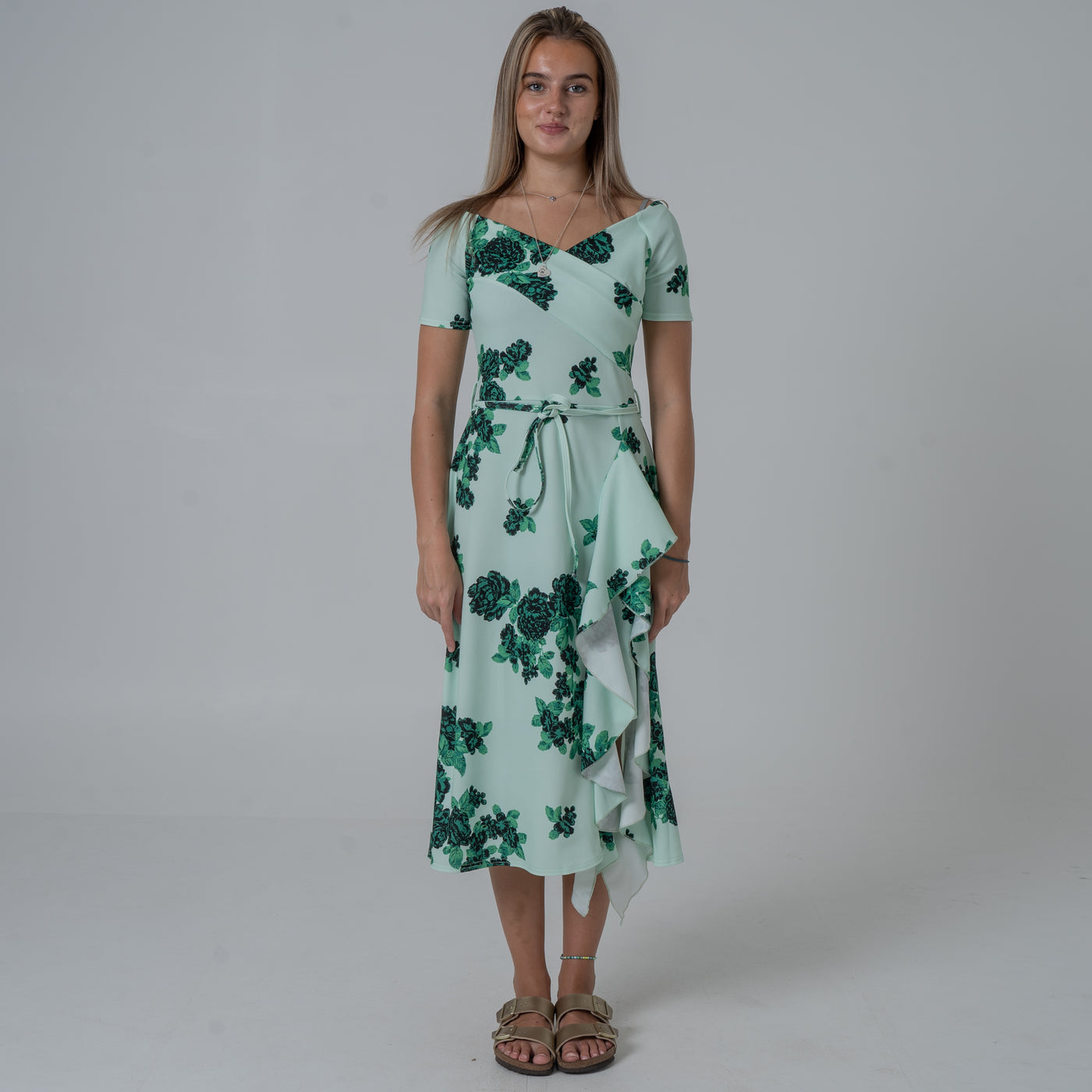 Frill Printed Green Flower Dress