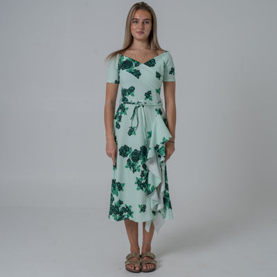 Frill Printed Green Flower Dress