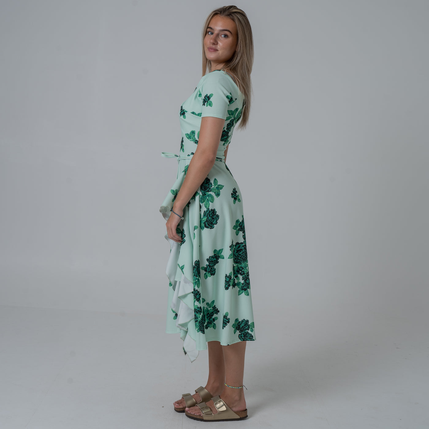 Frill Printed Green Flower Dress