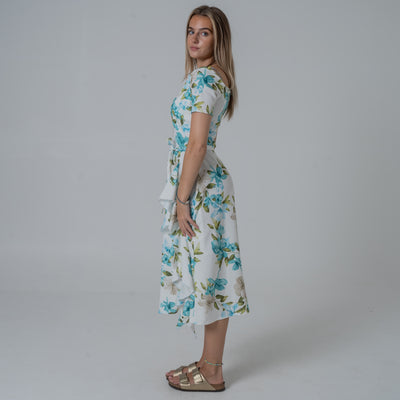 Frill Printed Blue Green Flower Dress