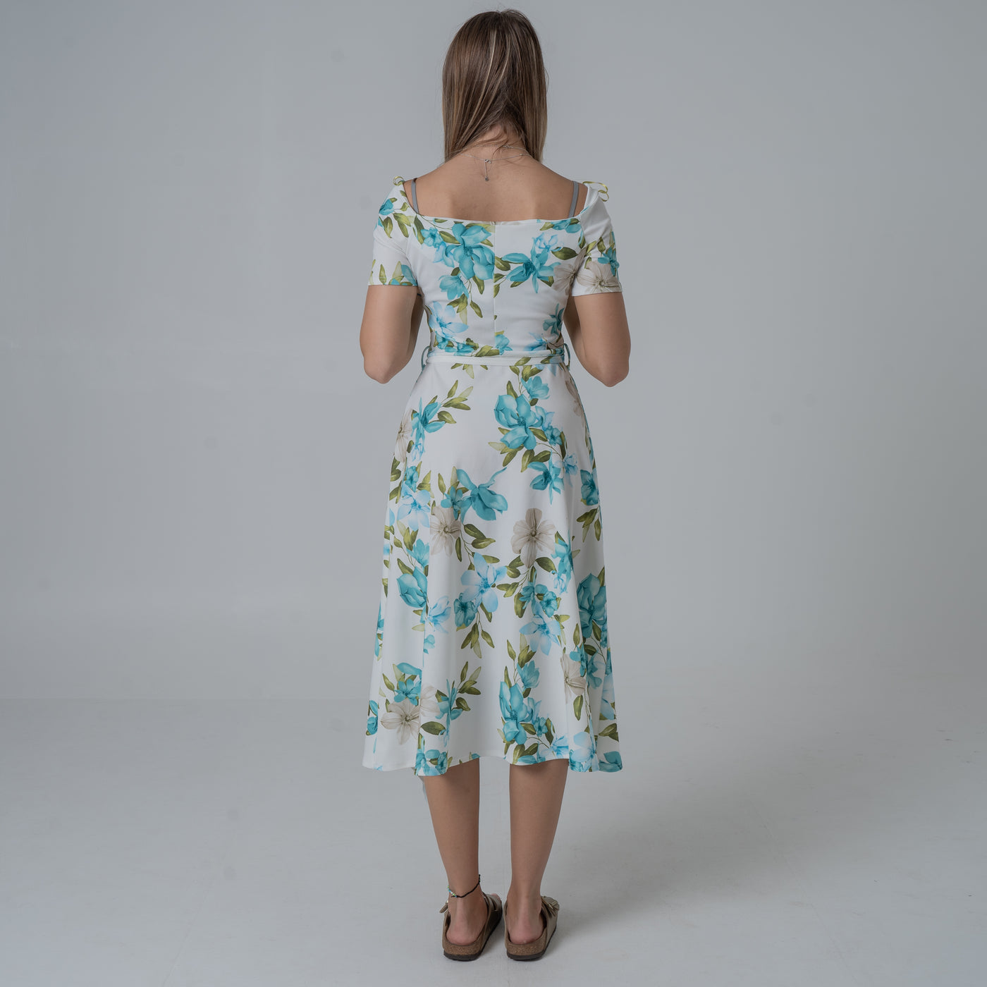 Frill Printed Blue Green Flower Dress