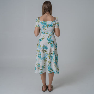 Frill Printed Blue Green Flower Dress