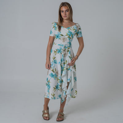 Frill Printed Blue Green Flower Dress