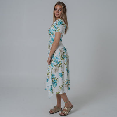 Frill Printed Blue Green Flower Dress