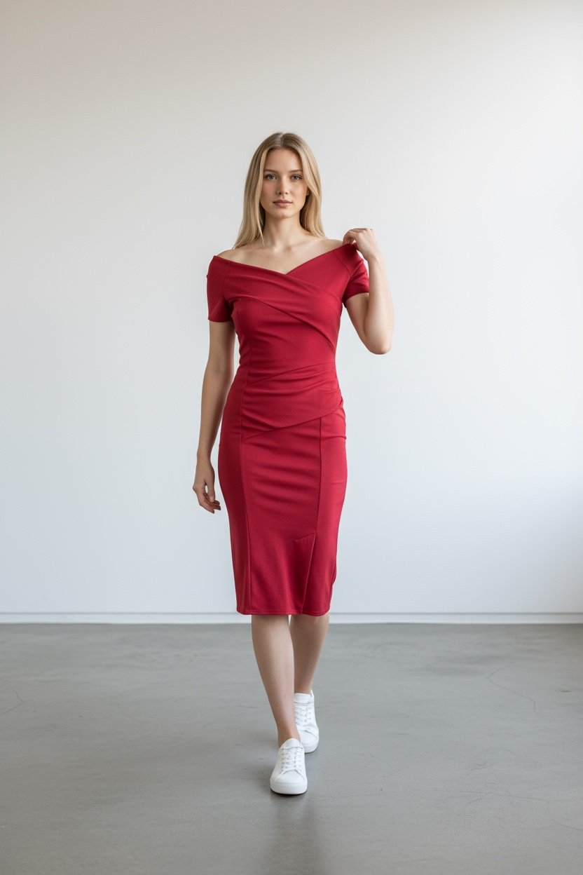 Bardot Off Shoulder Midi Dress Burgundy