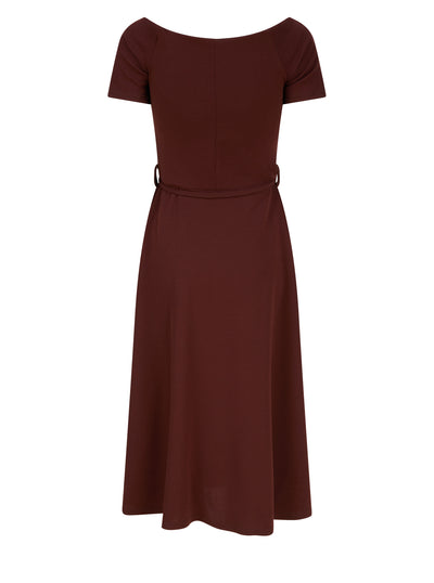 Bardot Off Shoulder Frill Midi Dress Chocolate