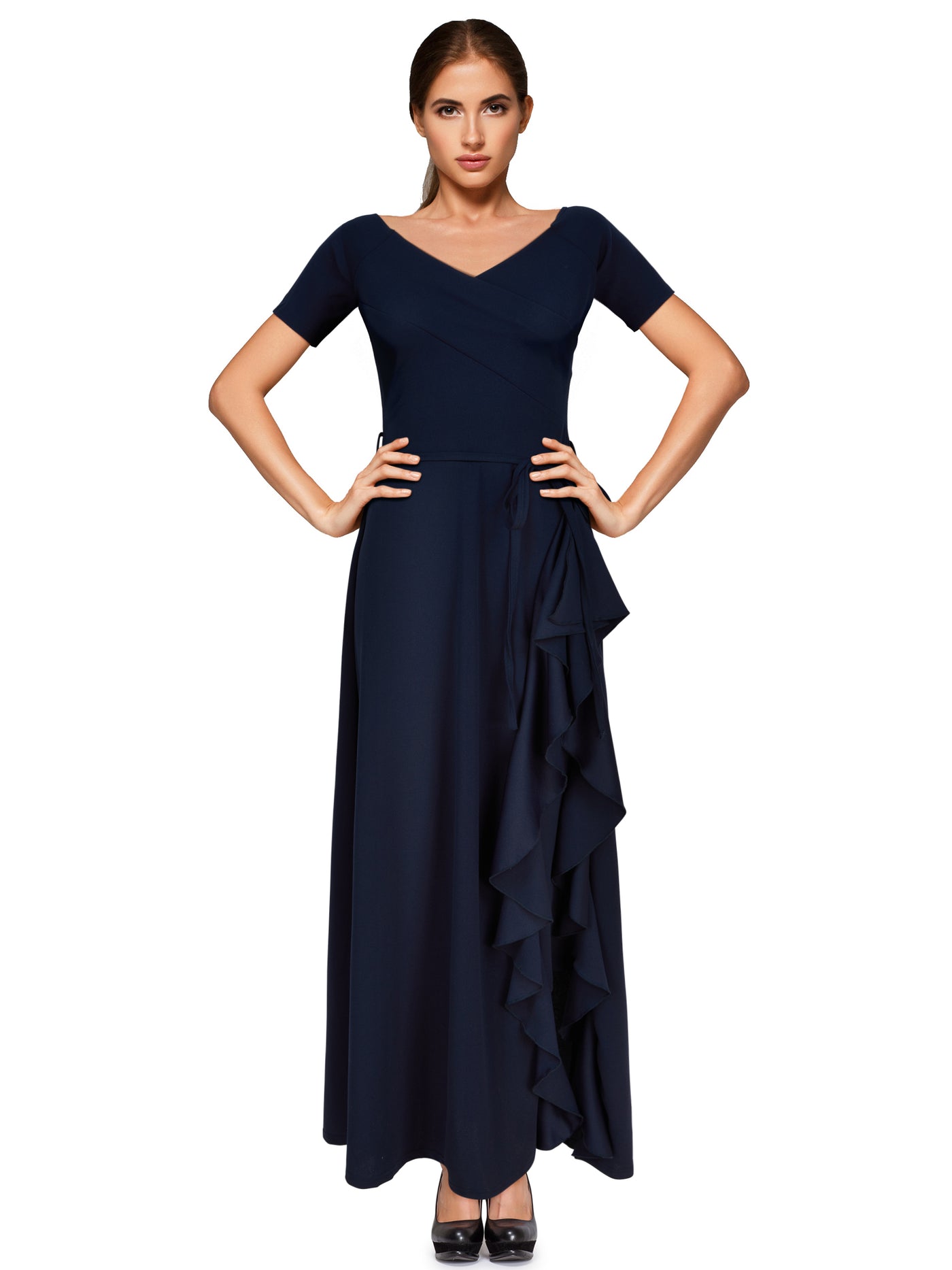 Maxi Bardot Frill Dress Navy