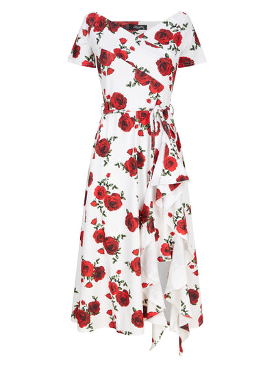 Exclusive Bardot Off Shoulder Midi Print Dress Red White