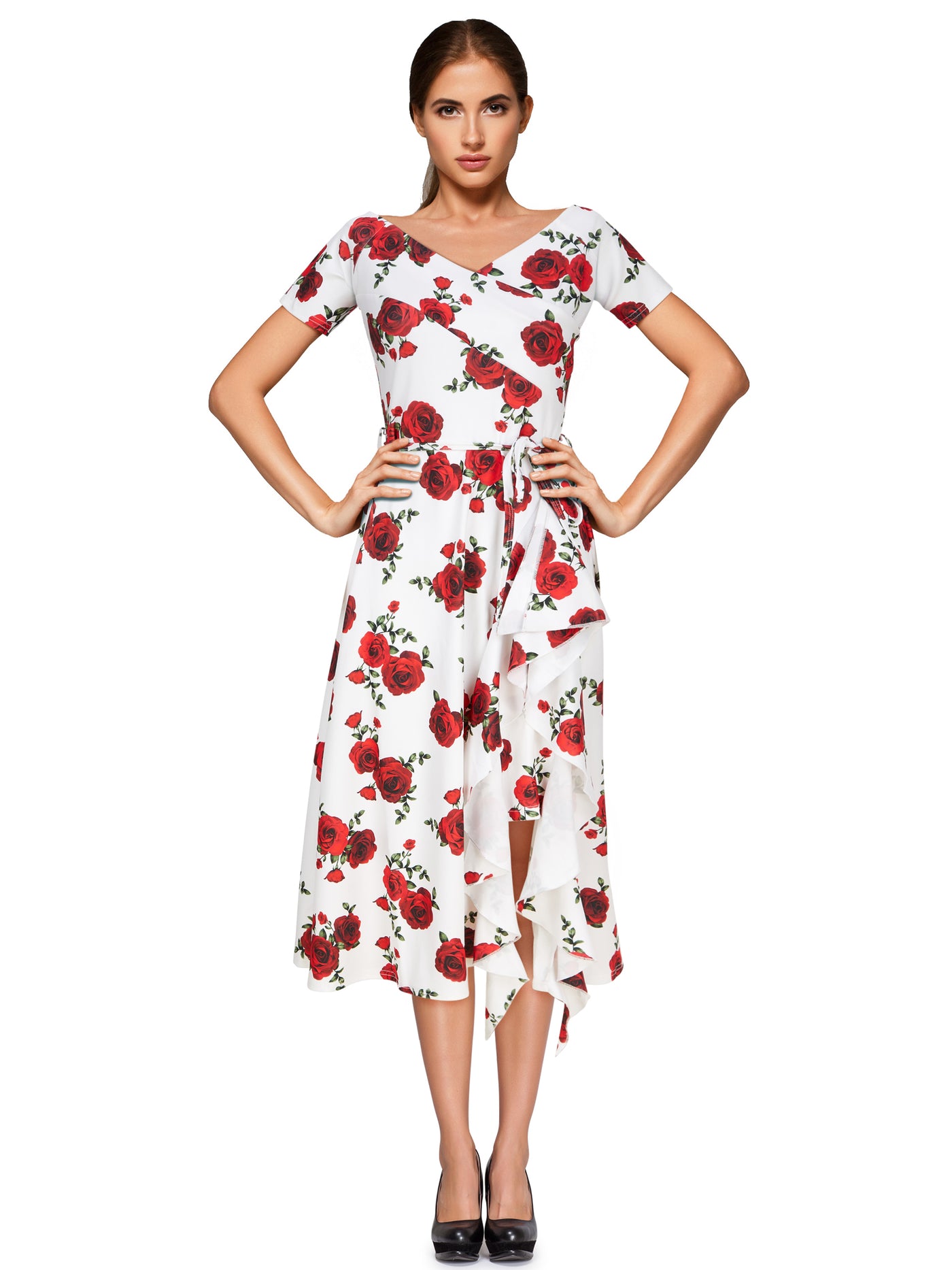 Exclusive Bardot Off Shoulder Midi Print Dress Red White