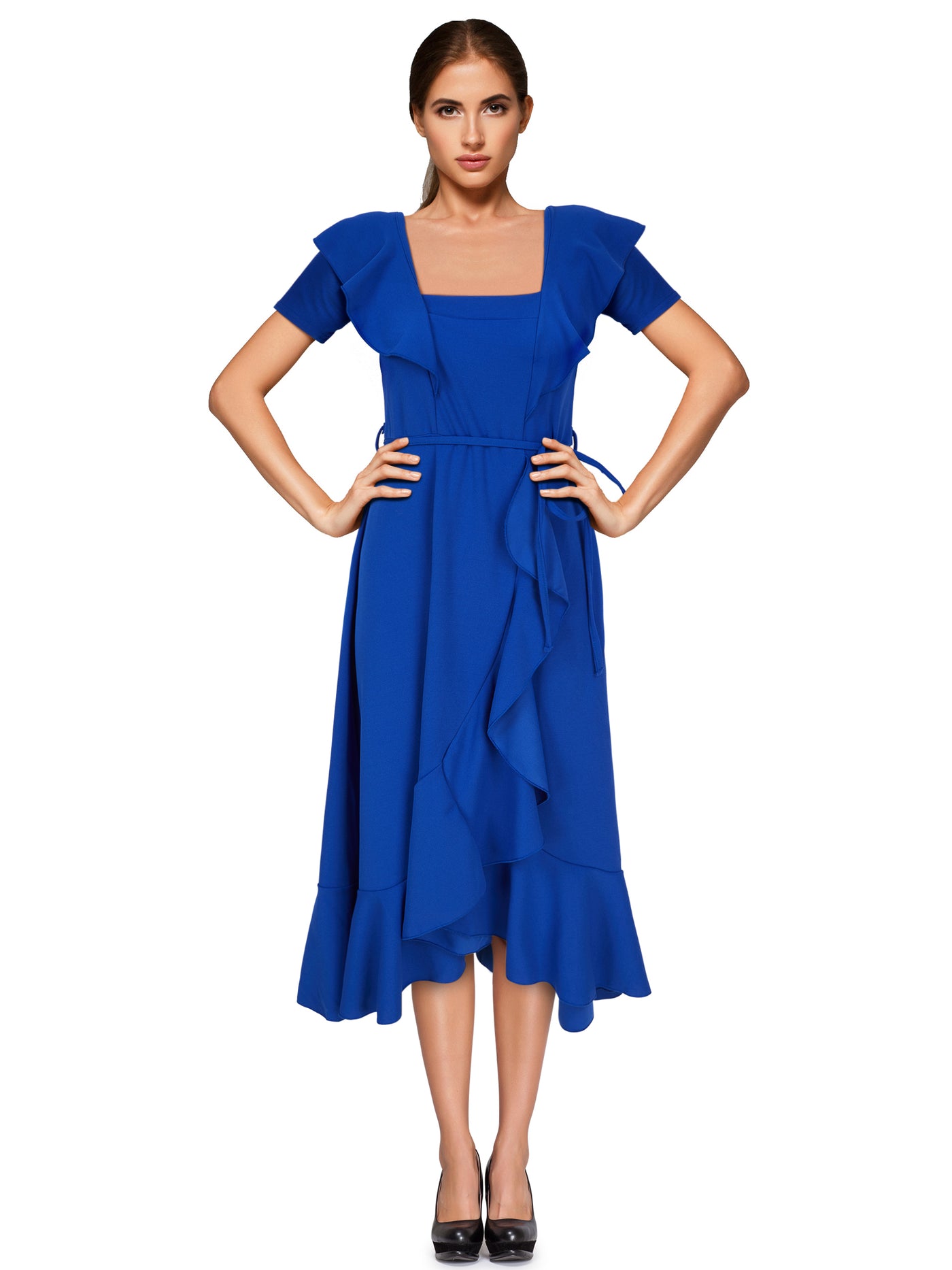 Short Sleeve Frill Tie Wrap Dress Royal Blue