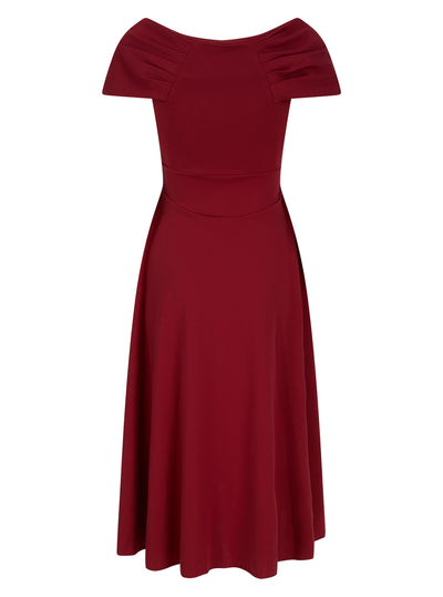 Bardot Pleat Frill Midi Dress Burgundy