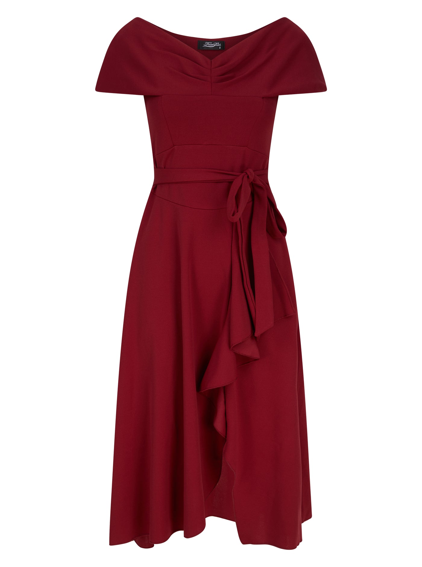 Bardot Pleat Frill Midi Dress Burgundy