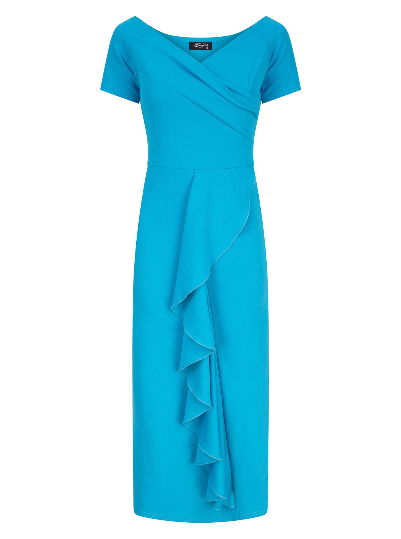 Bardot Off Shoulder Front Frill Dress Turquoise