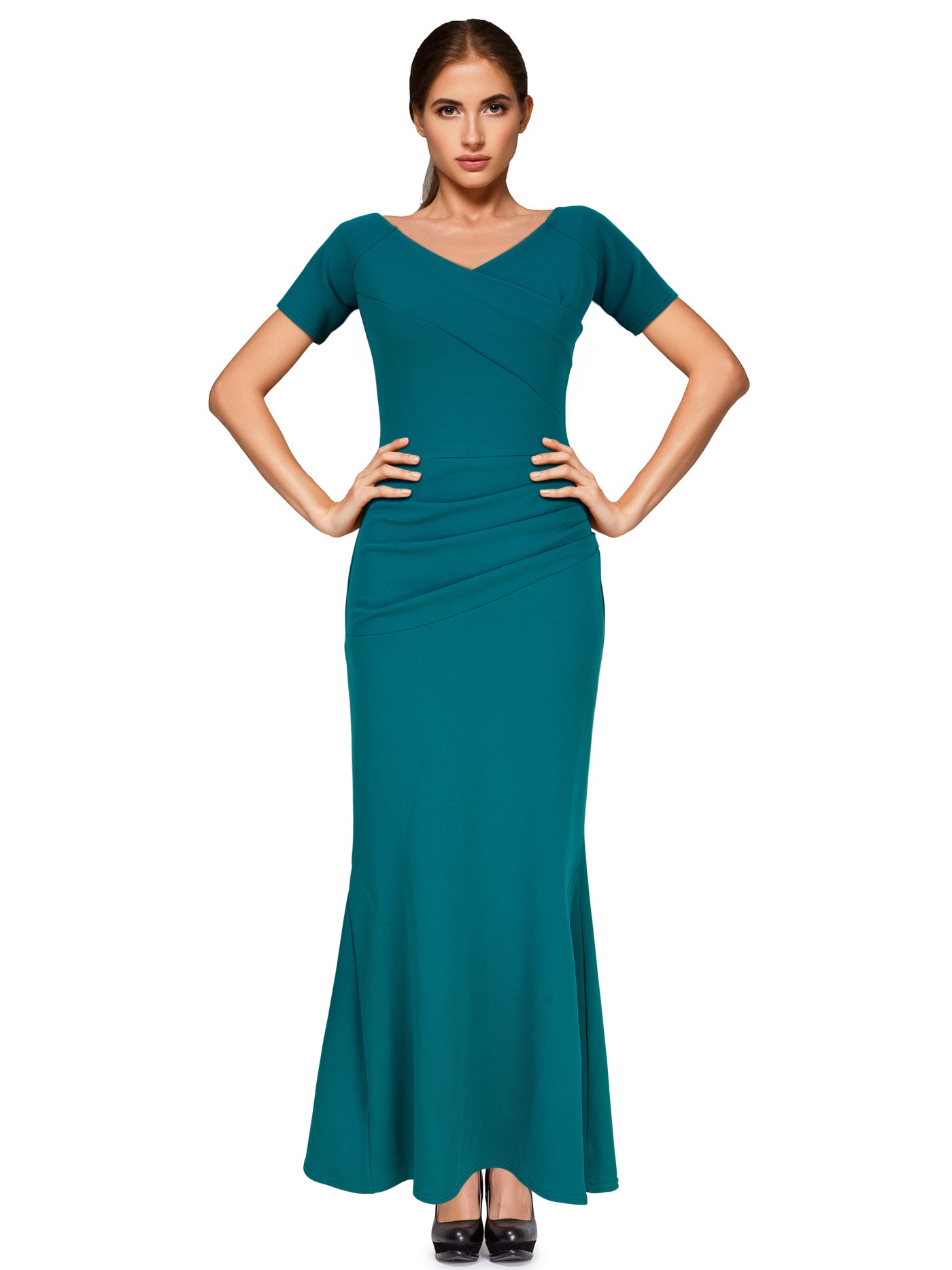 Bardot Off Shoulder Maxi Ruched Waist Dress Teal