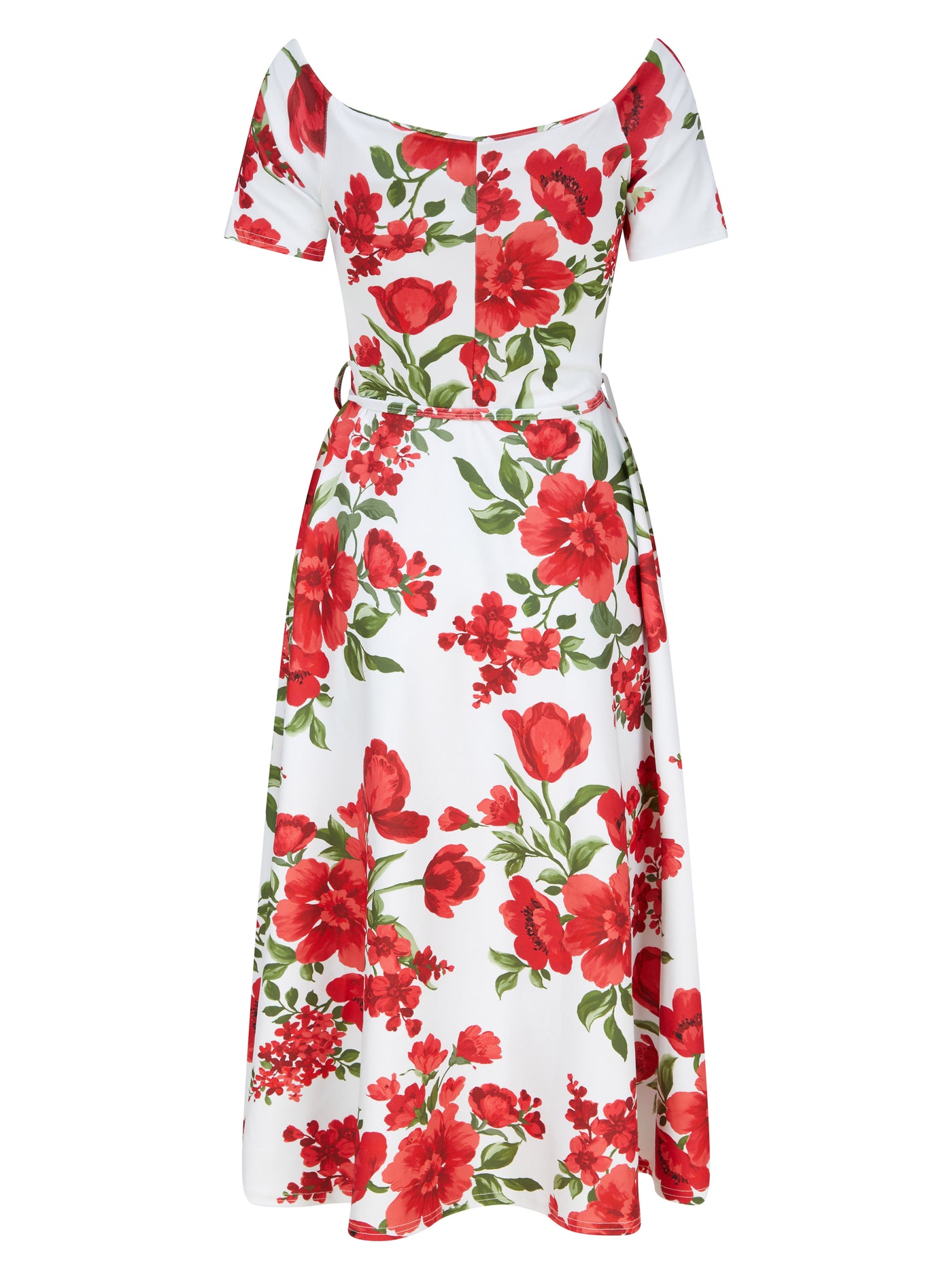 Exclusive Bardot Off Shoulder Frill Midi Rose Print Dress Red White