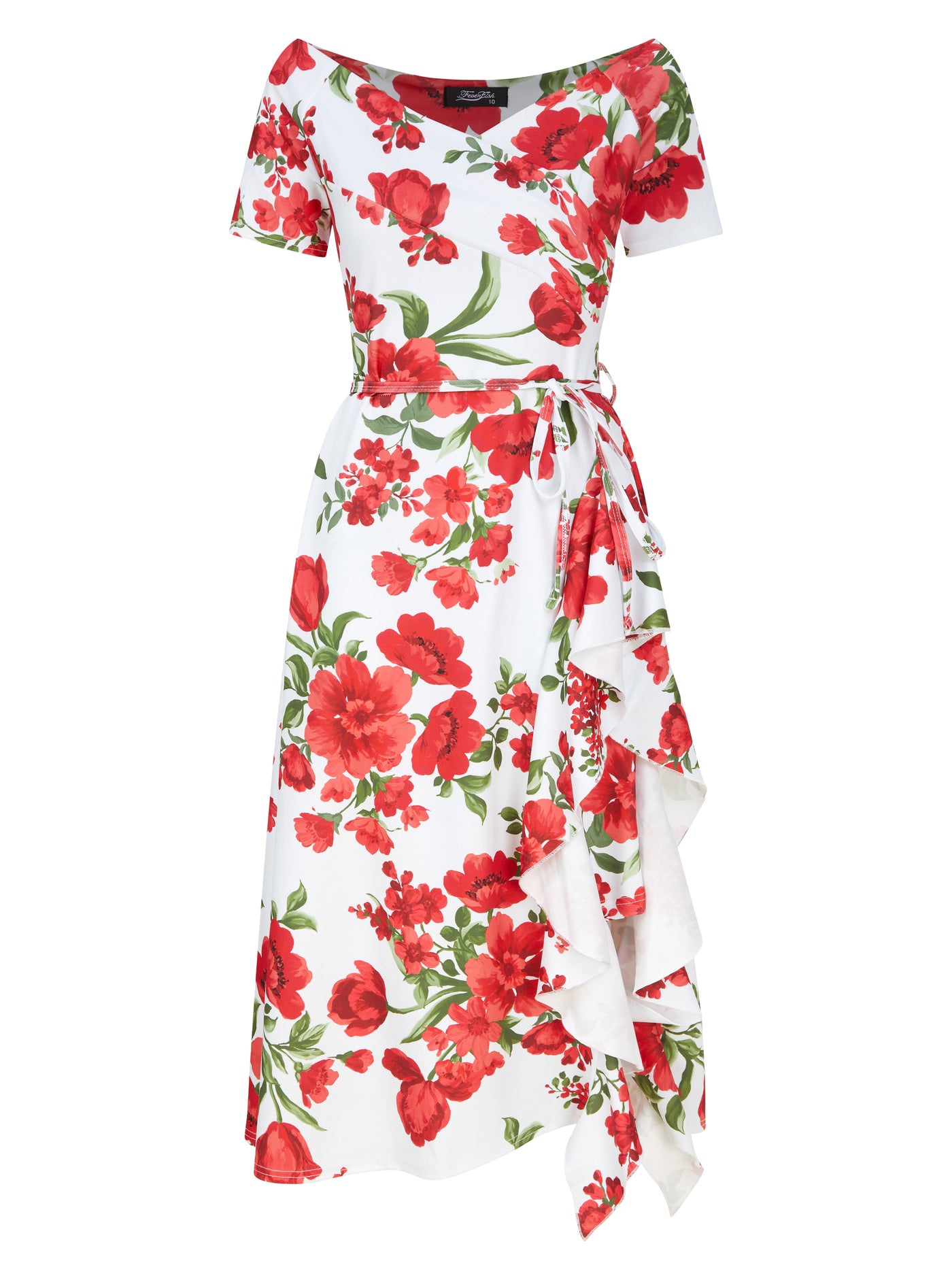 Exclusive Bardot Off Shoulder Frill Midi Rose Print Dress Red White