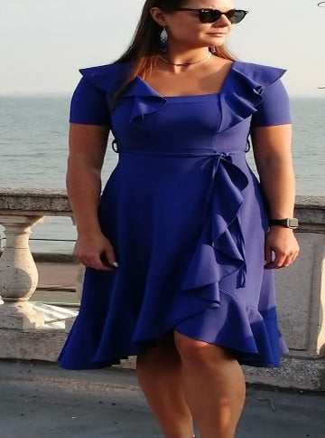 Short Sleeve Frill Tie Wrap Dress Royal Blue