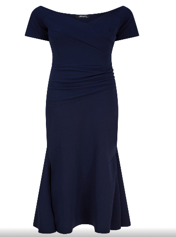 Bardot Off Shoulder Maxi Ruched Waist Dress Navy